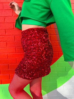 
            
                Load image into Gallery viewer, Holiday Red Sequin Skirt *Extended Sizes
            
        
